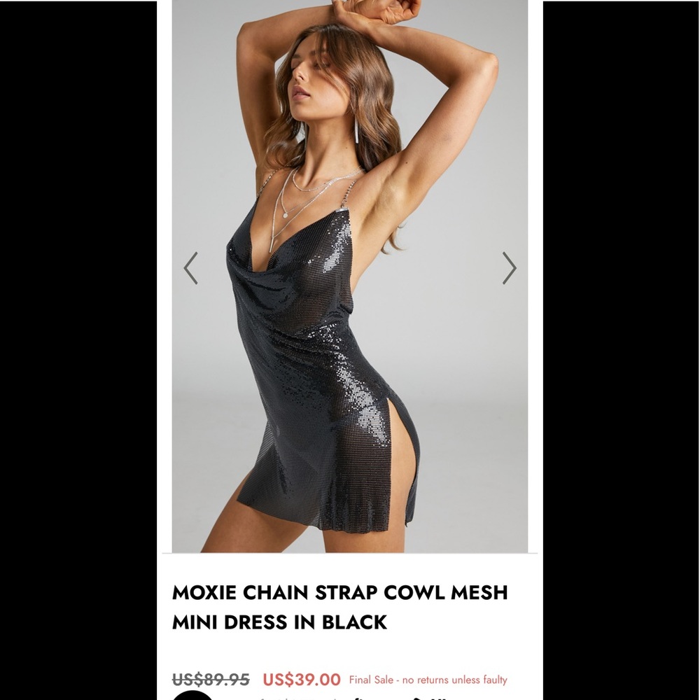 MOXIE CHAIN STRAP COWL MESH MINI DRESS IN BLACK